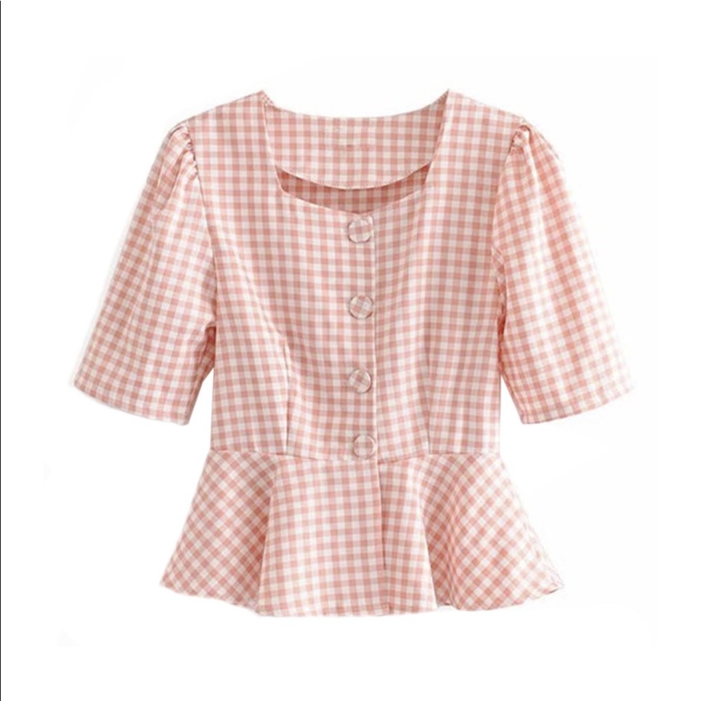 GINGHAM PEPLUM FRENCH TOP